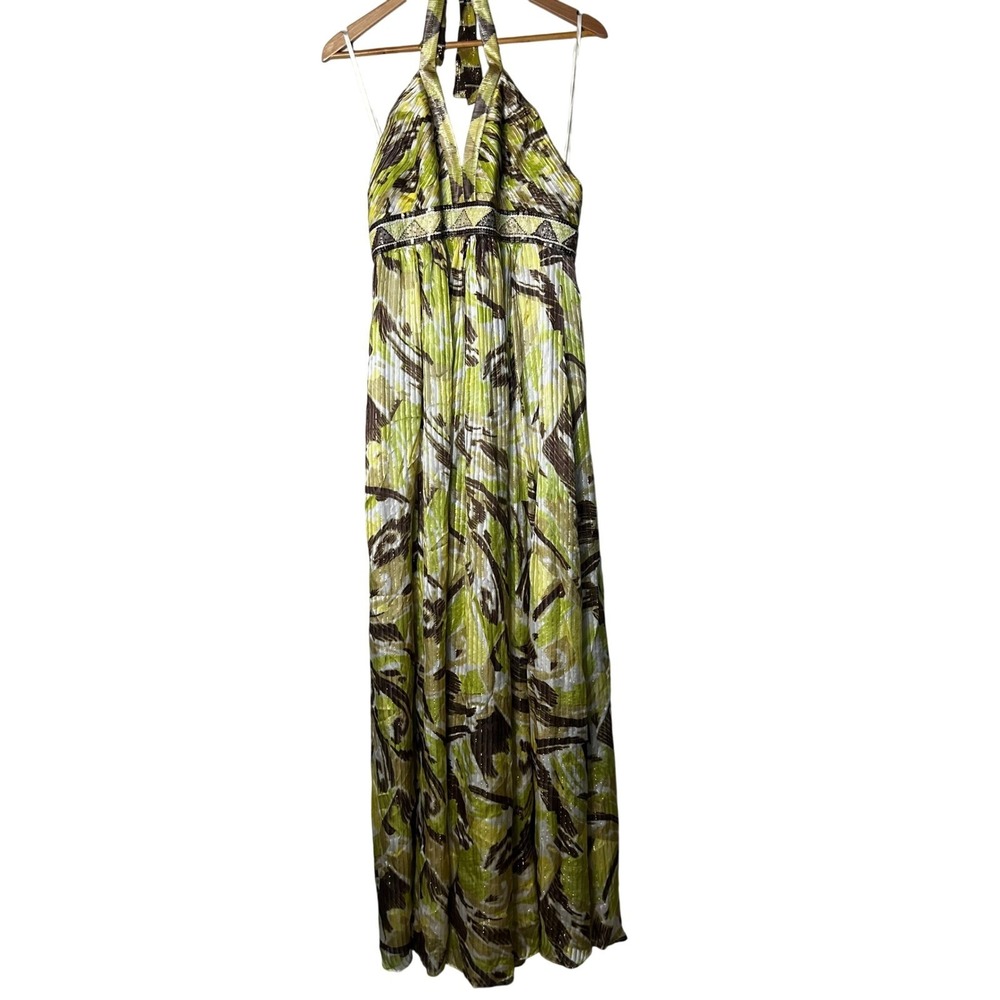 BCBGMAXAZRIA Maxi‎ Dress Size 12 Halter Green Brown Abstract Beaded Party